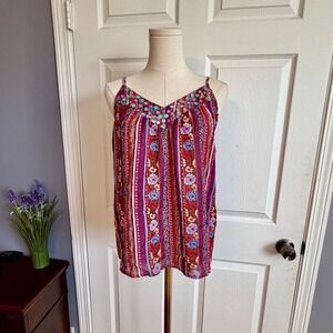 Wet Seal Boho Floral Striped Sequin V-Neck Cami Tank Top Fuchsia Purple Medium